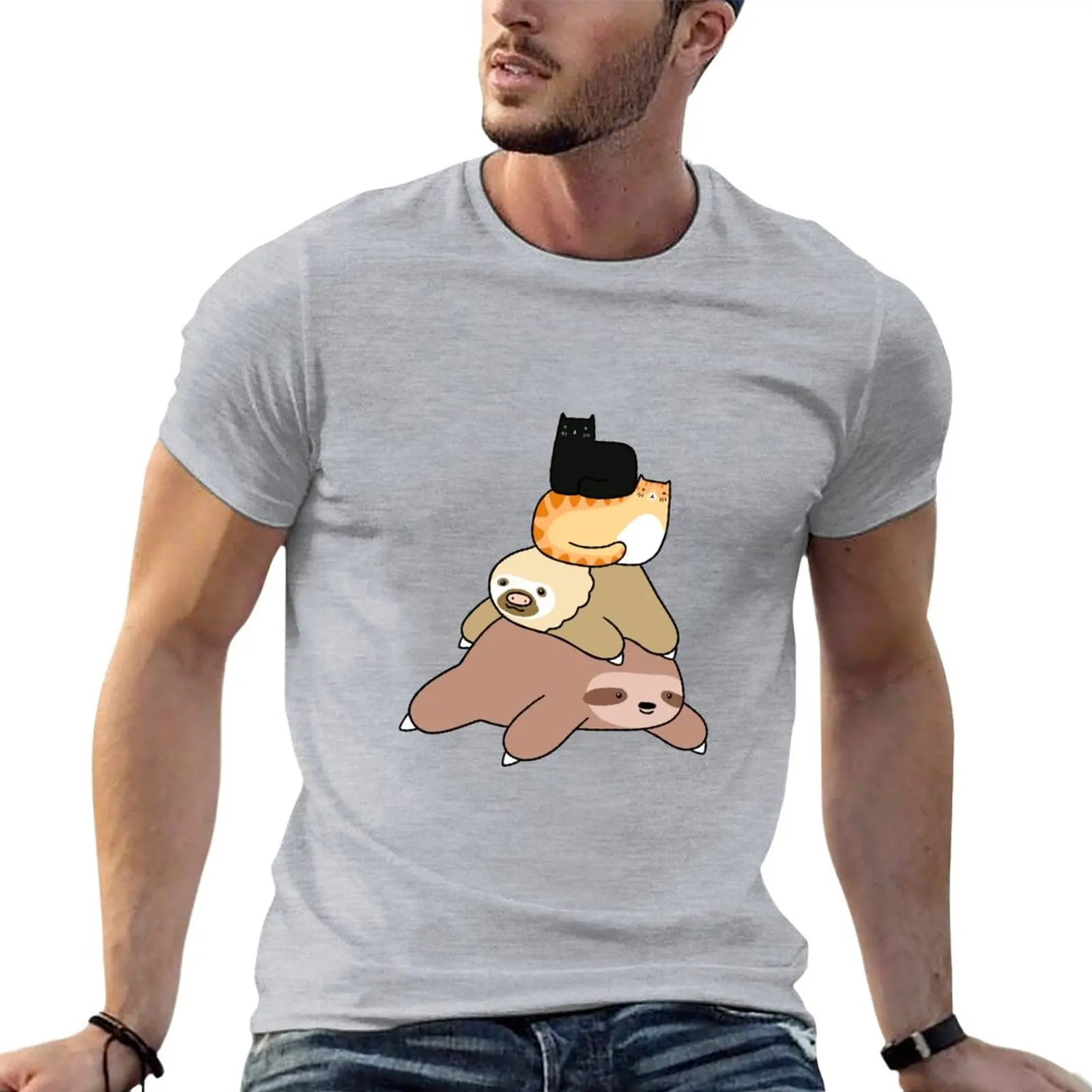 

New Sloth and Cat Pile T-Shirt Aesthetic clothing oversized t shirt Men's clothing