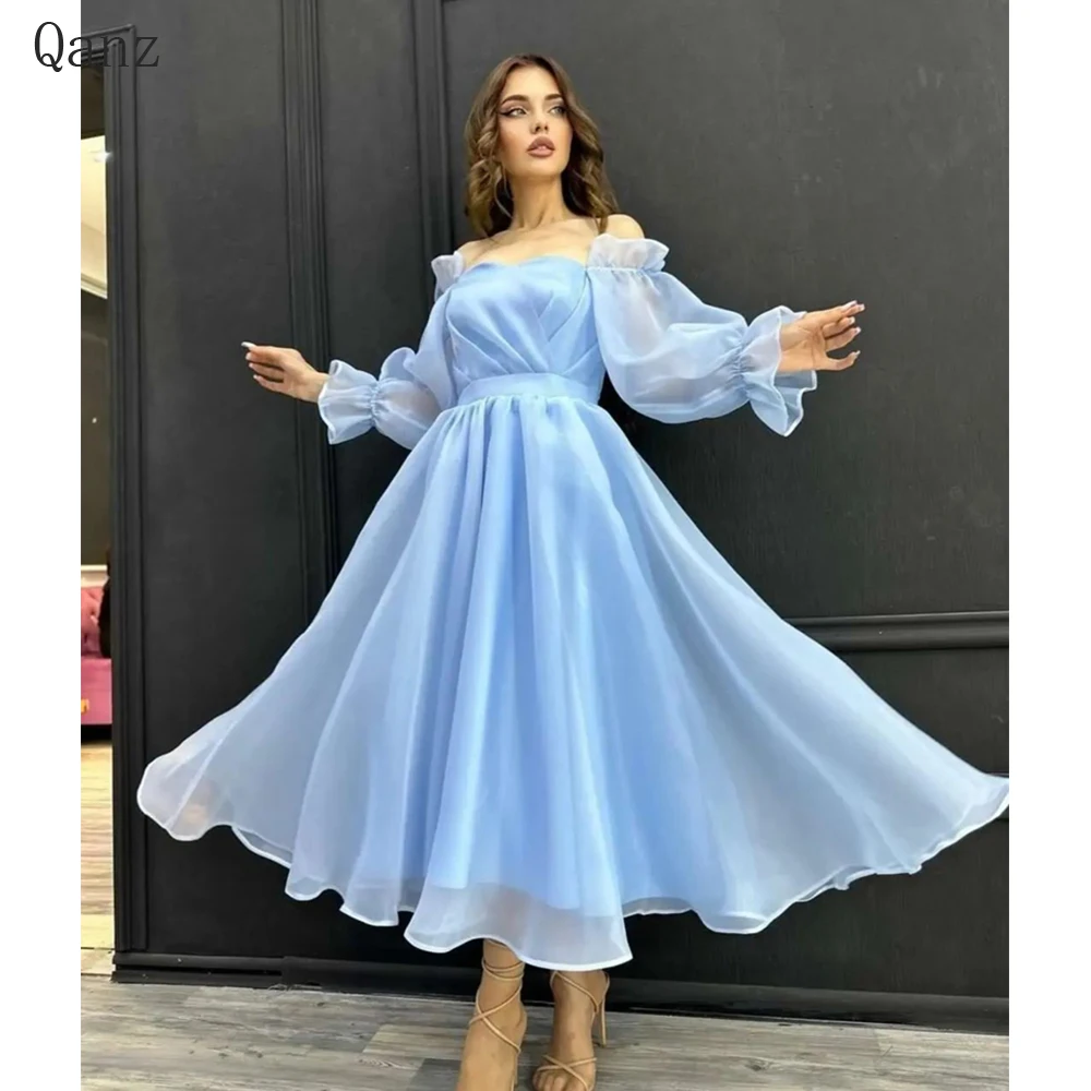 

Qanz Evening Dresses Vestidos Para Mujer Gala Puff Sleeves Pleat Sweetheart Sky Blue A-line Organza Prom Gowns Party Dresses