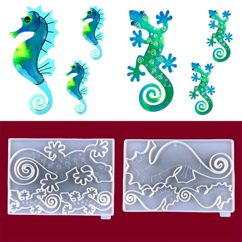 2Pcs Gecko Ornament Decoration Silicone Mold DIY Hippocampus Wall Decoration Pendant Crystal Epoxy Resin Mold