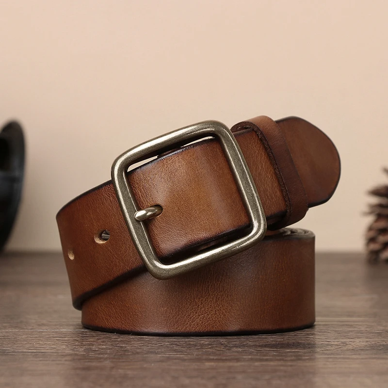 Vintage Luxury Handmade Leather Copper Buckle Man's Belt Cowhide Retro All-match Casual Jeans Soft Belts Lumbar  Man