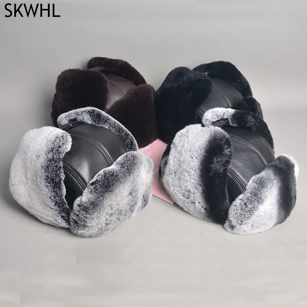 Unisex Real Rex Rabbit Fur Bomber Hat Ushanka Cap Trapper Russian Men Women Ski Hats Caps Real Sheepskin Leather Caps winter hat fur hat earflap hat