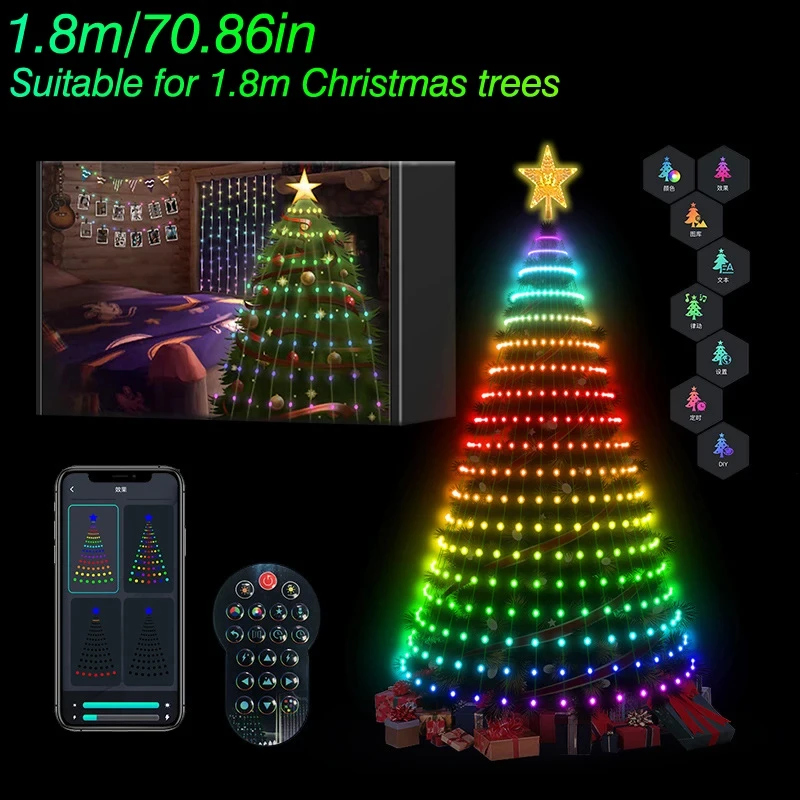 Tira de luces LED para decoración de árboles de Navidad de 2,1 m con control por aplicación Bluetooth adecuada para luces de decoración de árboles de Navidad