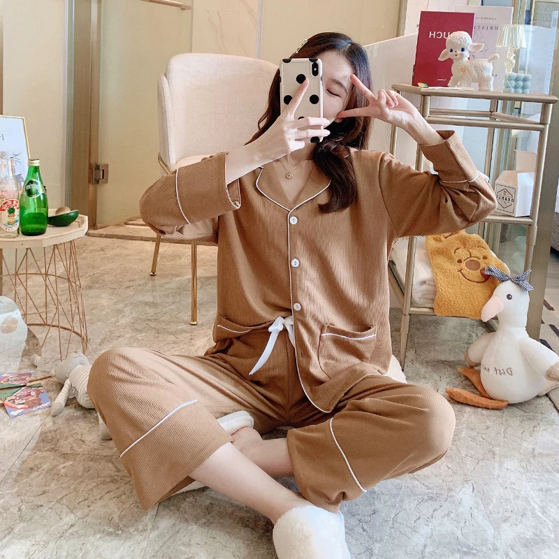 Autumn and Korean version of ins style pajamas, sweet and cute girl students can wear cardigan, small lapel home clothes suit
