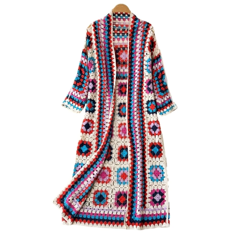 Colorful Crochet Detail Knitted Long Cardigan Women Handmade Open Front Tops N7YF