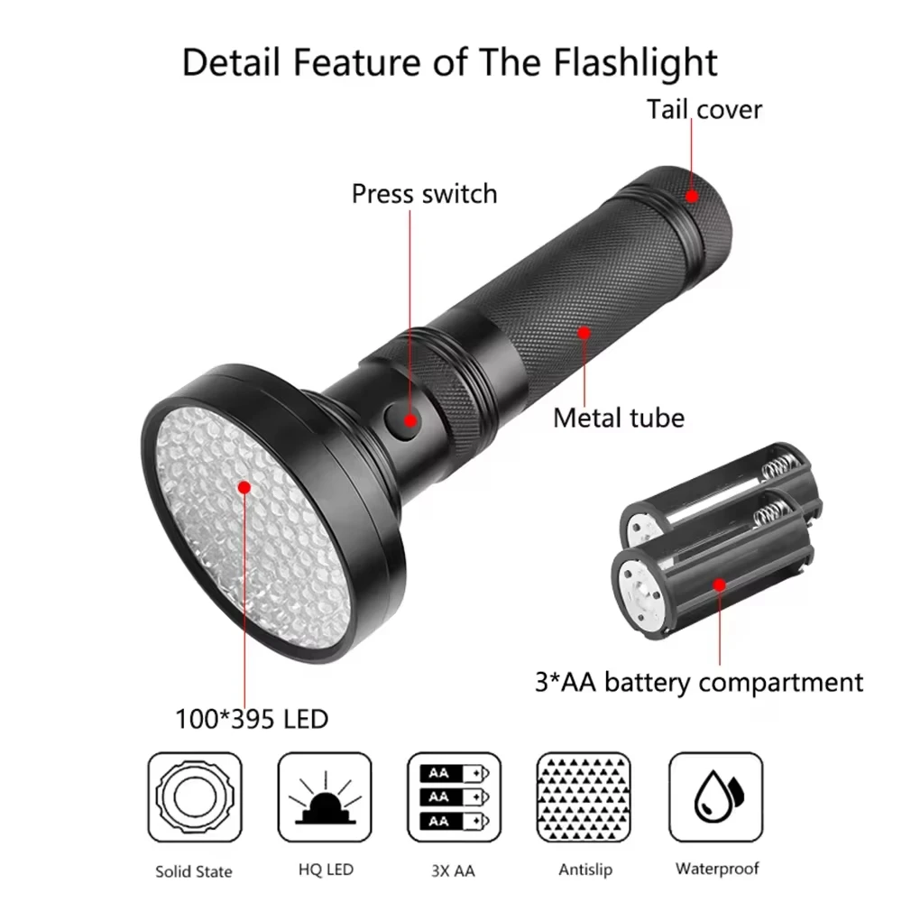 Torcia LED UV Ricaricabile 3 In 1 – Luce Nera 395nm + Blu + Bianca, Per Rilevare Macchie E Caccia - 4