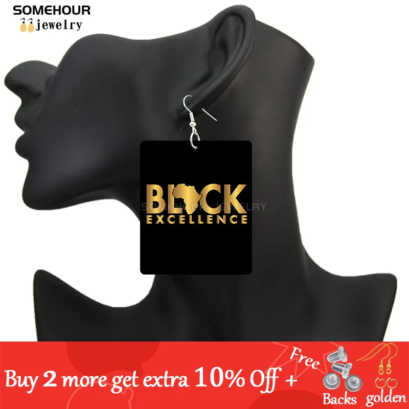 SOMEHOUR Black Dope My Hustle Wooden Drop Earrings African Queen Excellence Gold Crown Printed Women Rectangle Dangle Jewelry