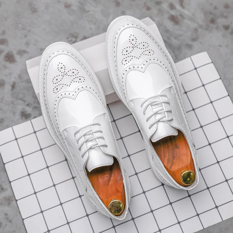 Men Derby Shoes White Dress Men Business Patent Leather Shoes Party Flat Classic Formal Fashion Leather Leisure