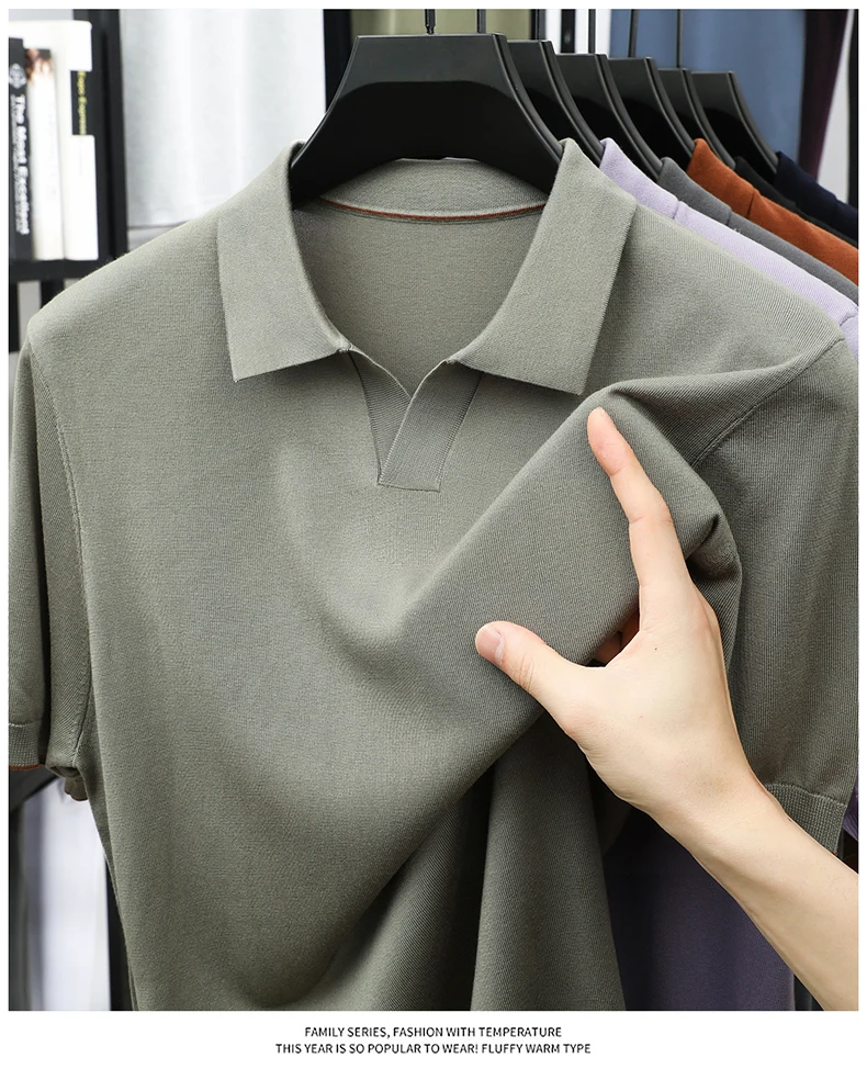 100% Lyocell Knitwear 2025 Men Spring Summer Trendy Turn Down Collar Knit Tees Short Sleeve Breathable Knit Tops