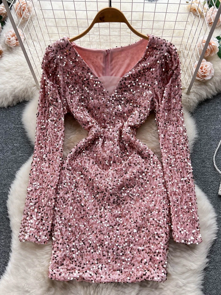 

Sexy Bodycon Dress Women V-neck Sequin Long Sleeved Autumn Winter Dresses Ladies Slim Club Party Dress Vestidos