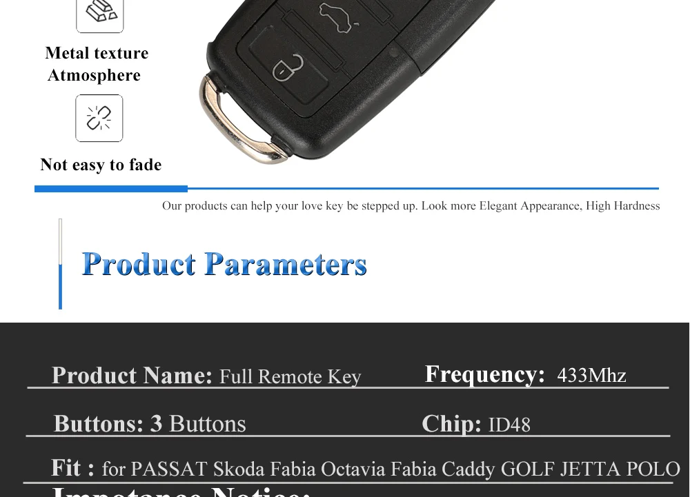 Keyforkess chiave a distanza dell'automobile per idid48 per VW PASSAT b5 b6 Skoda Fabia Octavia Fabia CADDY GOLF JETTA POLO - S3edb753741f2400b8d7a141c52ce865bv