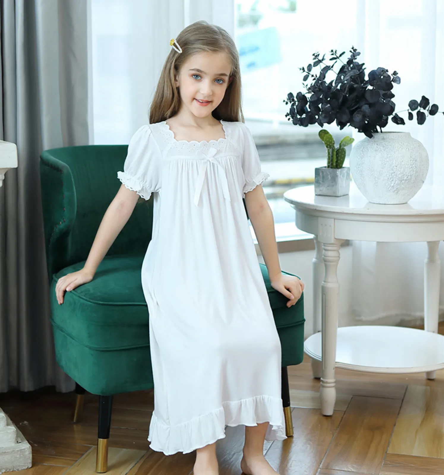 Girls Nightgown Sleepwear Children Pajama Dress White Short Sleeve Girl Princess Nightdress Home Wear for Kids Girls Sleep Dress