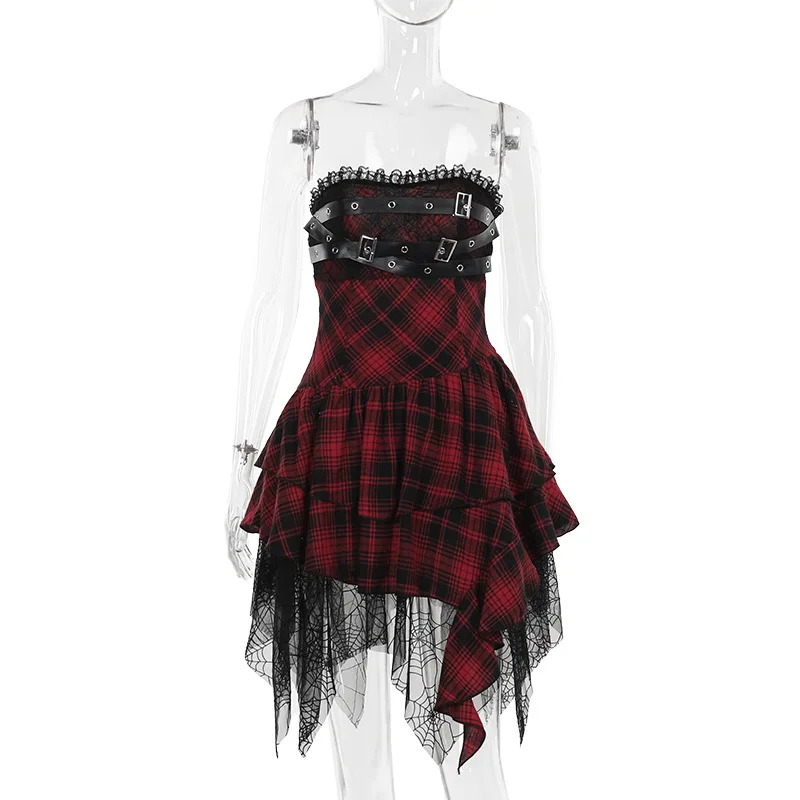 Y2K Black Bandage Summer Party Dresses for Women Goth Sexy A-Line Sleeveless Plaid Bodycon Mini Vestido Short Dresses Streetwear 5