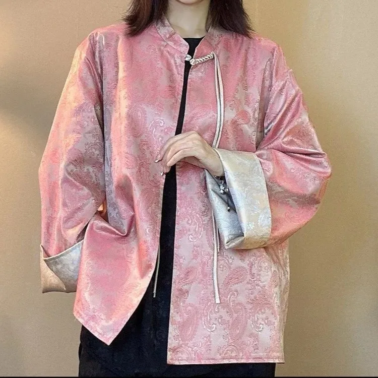 Summer Autumn Jacket Chinese Style Jacquard Coat Women Tang Clothes Double Sided Wear Hanfu Satin Costume
