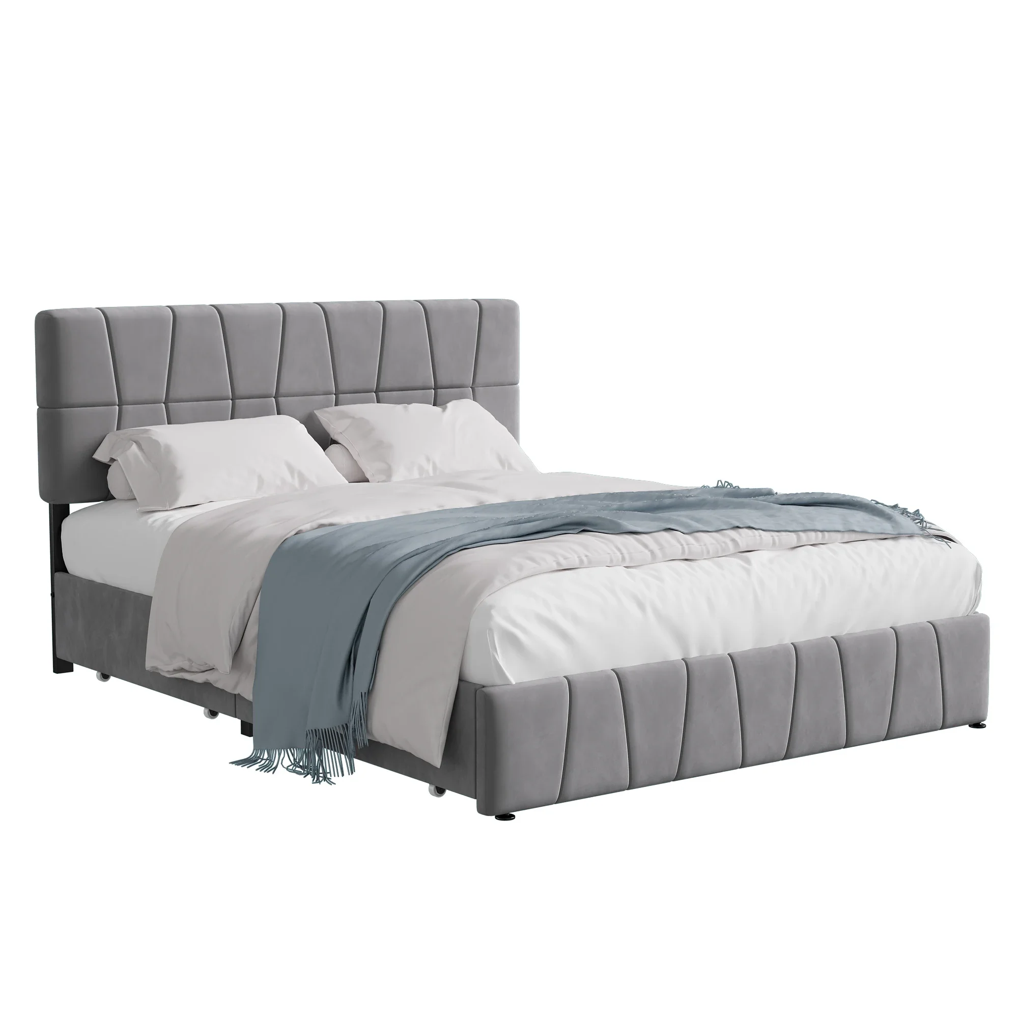 Creahappy Doppelbett – gepolsterter Bettrahmen 160 x 200 cm – Bettgestell aus Samtstoff – mit 4 Schubladen – Grau – Detail 3