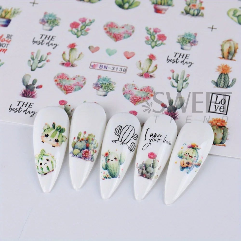 12 Design Green Cactus Nail Art Water Sticker Decal For Nail Art Decoration Plant Spring Cute Cactus Leaves Design Manicure Tips