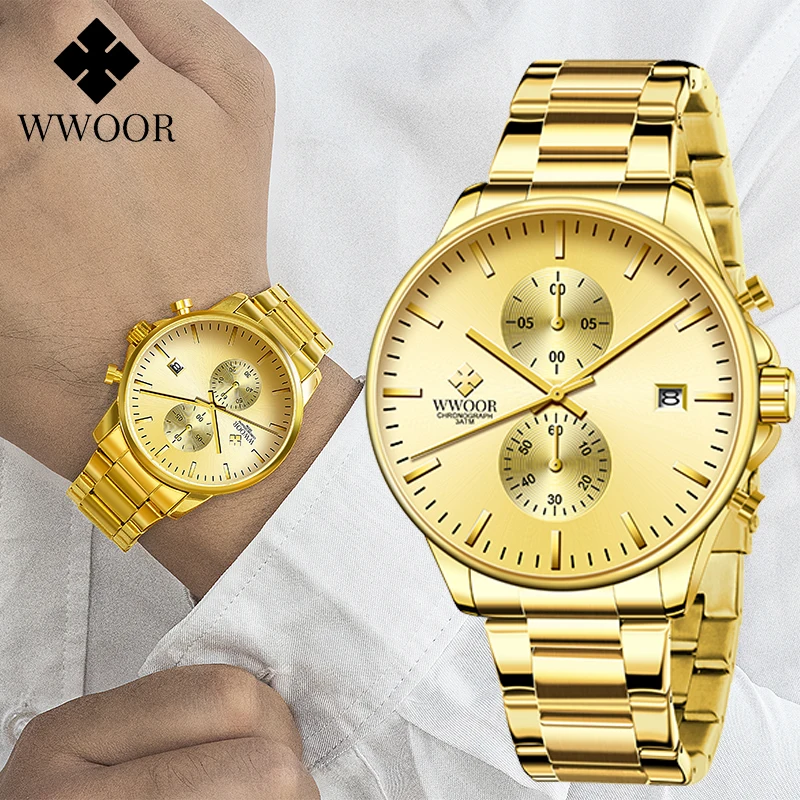 

WWOOR New Men Gold Watch Top Luxury Men Sports Quartz Wristwatch Causal Waterproof Business Male Clock Fashion Relogio Masculino