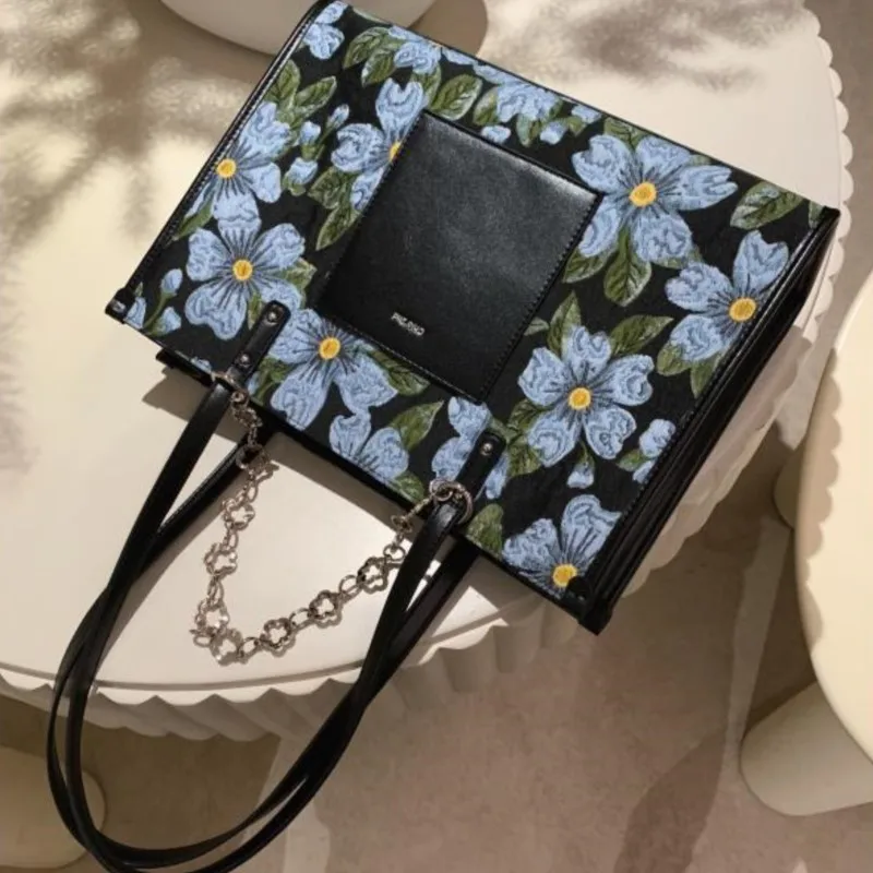 Retro Floral Print Chain Tote Bag Women Leather Square Patchwork Large Capacity Shoulder Bag Ladies Elegant Premium Handbag 2025