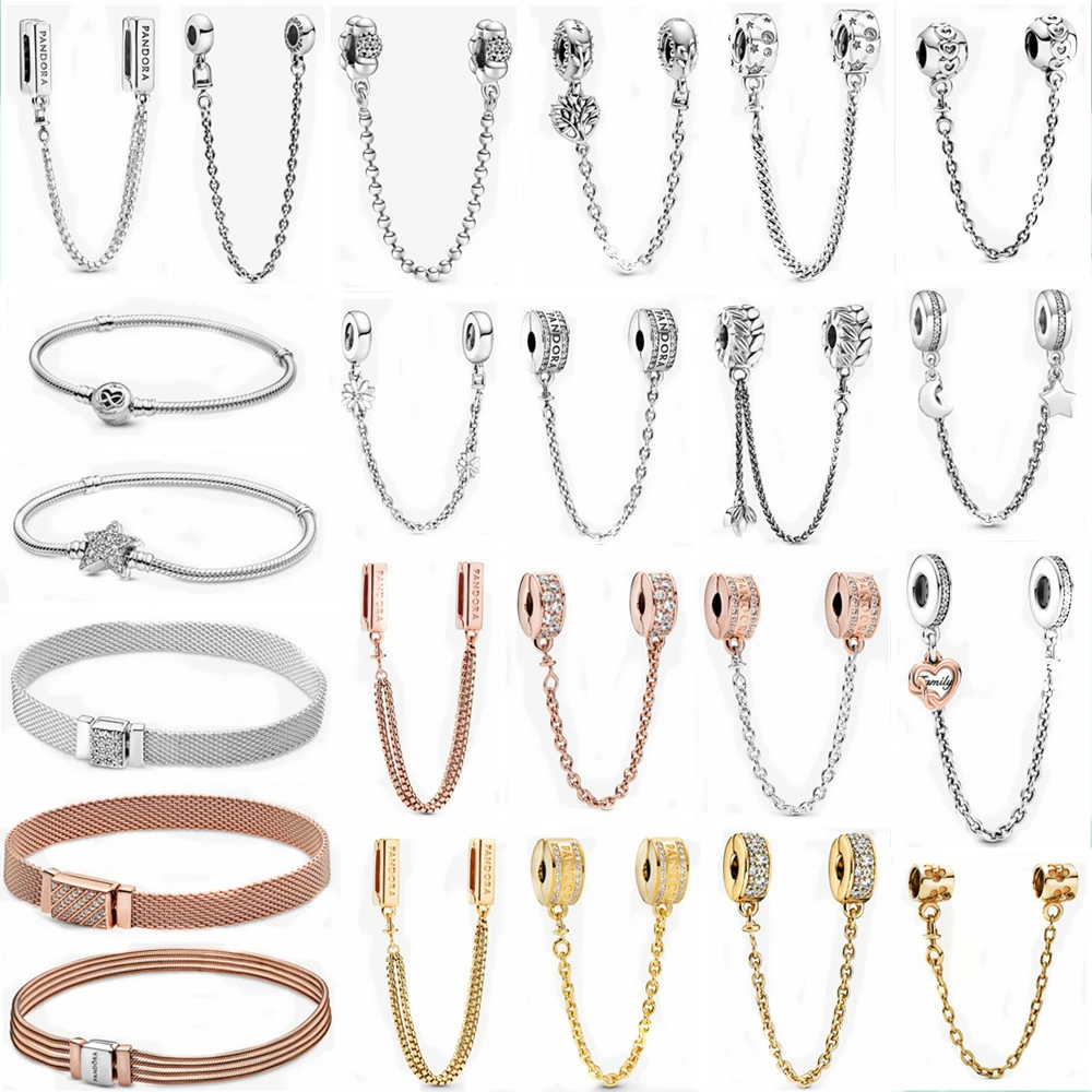 2022 Hot Sale 925 Sterling Silver 18 models Zircon Safety chain Charms Bead Fit Original Pandora Bracelets Charm Dangle DIY