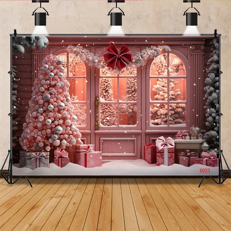 

Christmas Tree Presents Flower Wreath Photography Backrops Window Snowman Pink House Door Anniversary New Year Background VX-01