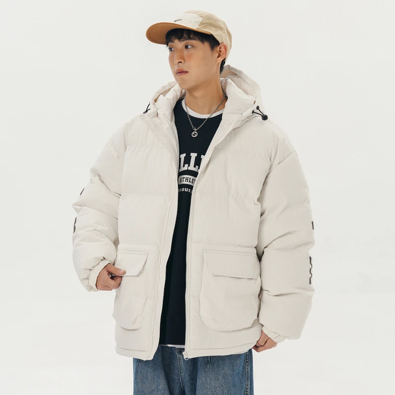 Street Style Men's Winter Letter Embroidery Hooded Cotton-Padded Jacket Unisex Parkas Thick Warm Solid Color Fashion Windbreaker