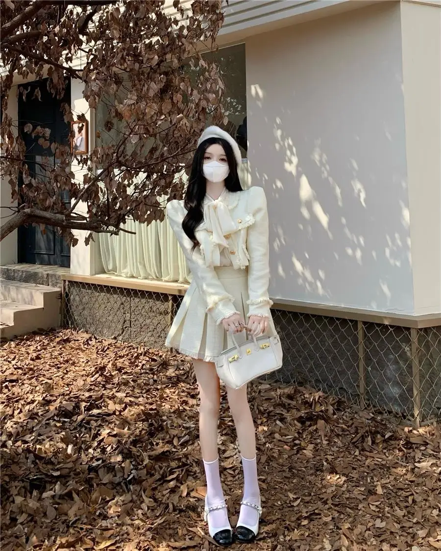 Autumn New French Vintage Tweed Two-Piece Skirt Set Women Short Jacket Coat + Pleated Mini Skirt Suits Korean Luxury Outfits