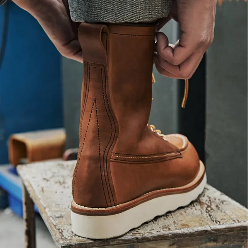 Handmade High Top Shoes Mens Vintage Round Toe Genuine Leather Casual Mid Calf Boots Spring Autumn Thick Platform Cowhide Boots