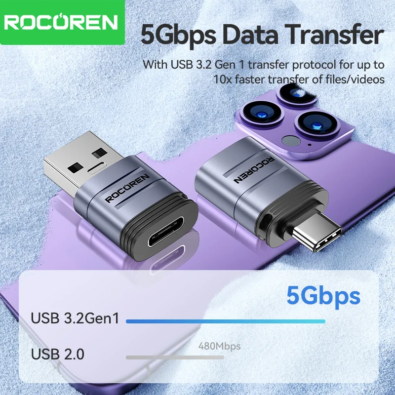 Rocoren USB Type C OTG Adapter Type-C Male to USB 3.0 3.2 Female Mini Converter For Macbook pro Air Samsung Xiaomi 15 14 Laptop Best Sellers In Phones Accessories
