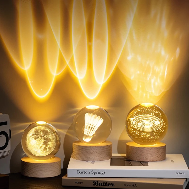 Customized Internal Carving Fishing Sports Competition Round Crystal Trophy, Home Decoration Awards, Beech Wood Base Trophy, 1Pc