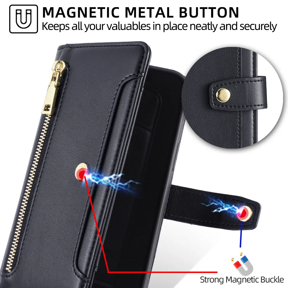 Elegant Magnetic Flip Wallet Case - Durable Leather Cover with Long Lanyard