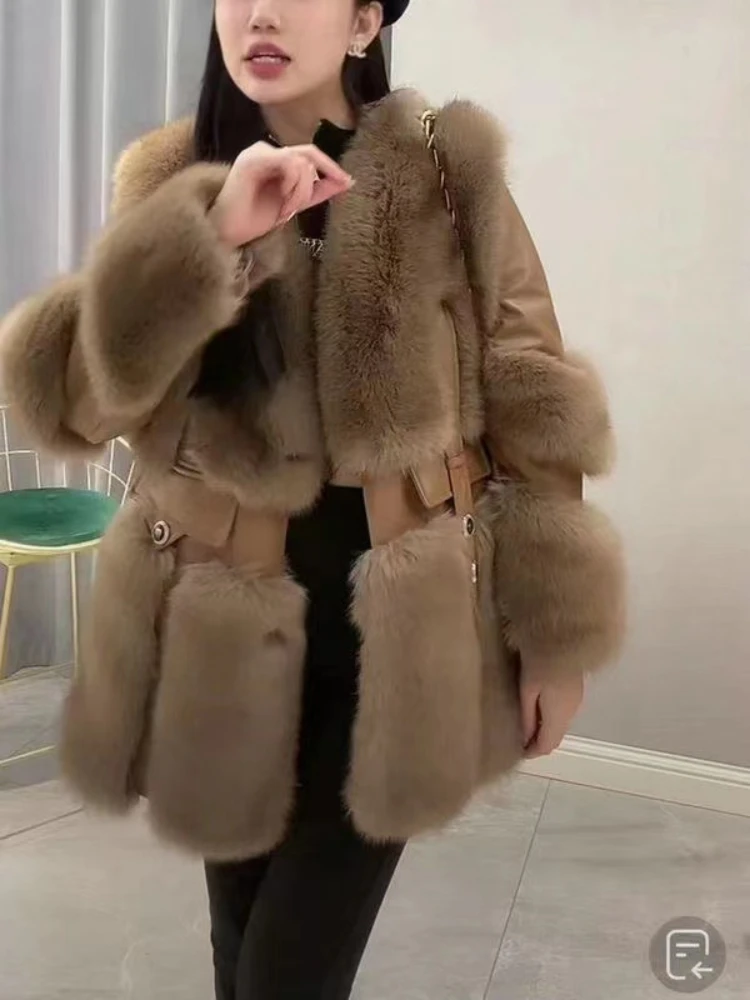 Fashion Mid-Length Big Fur Collar Cotton Padded Jacket Thickened Imitation Fur Fox Fur Jacket Female 2023 Winter Coat Women
