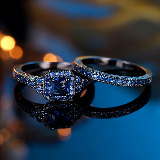 Conjunto de anillos de piedra cuadrada de circón azul para mujer