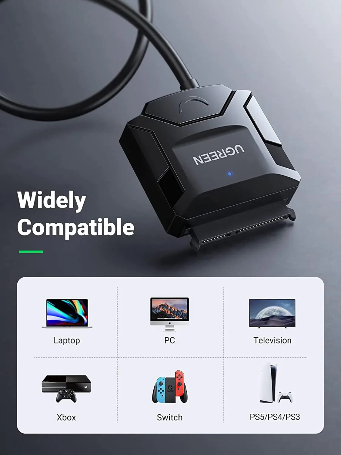 UGREEN SATA-USB 3.0 어댑터 케이블 UASP 지원 SATA III 컨버터 (2.5/3.5인치 SSD HDD 하드 드라이브 디스크용)