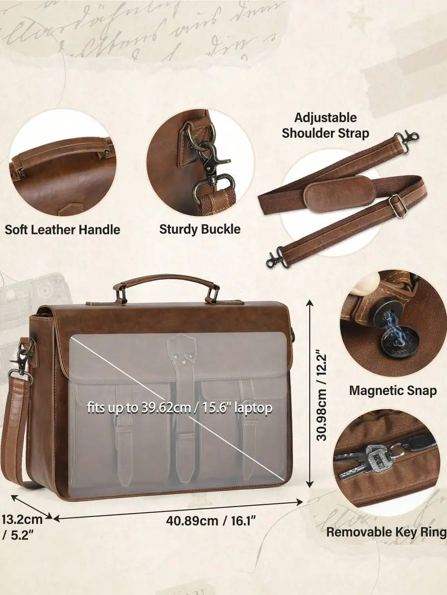 💼 Never Worry About Rain Again: 15.6" Vintage Leather Messenger Bag – Waterproof Laptop Briefcase for Men | Spacious Satchel & Computer Shoulder Bag for Work, College & Business Trip 3