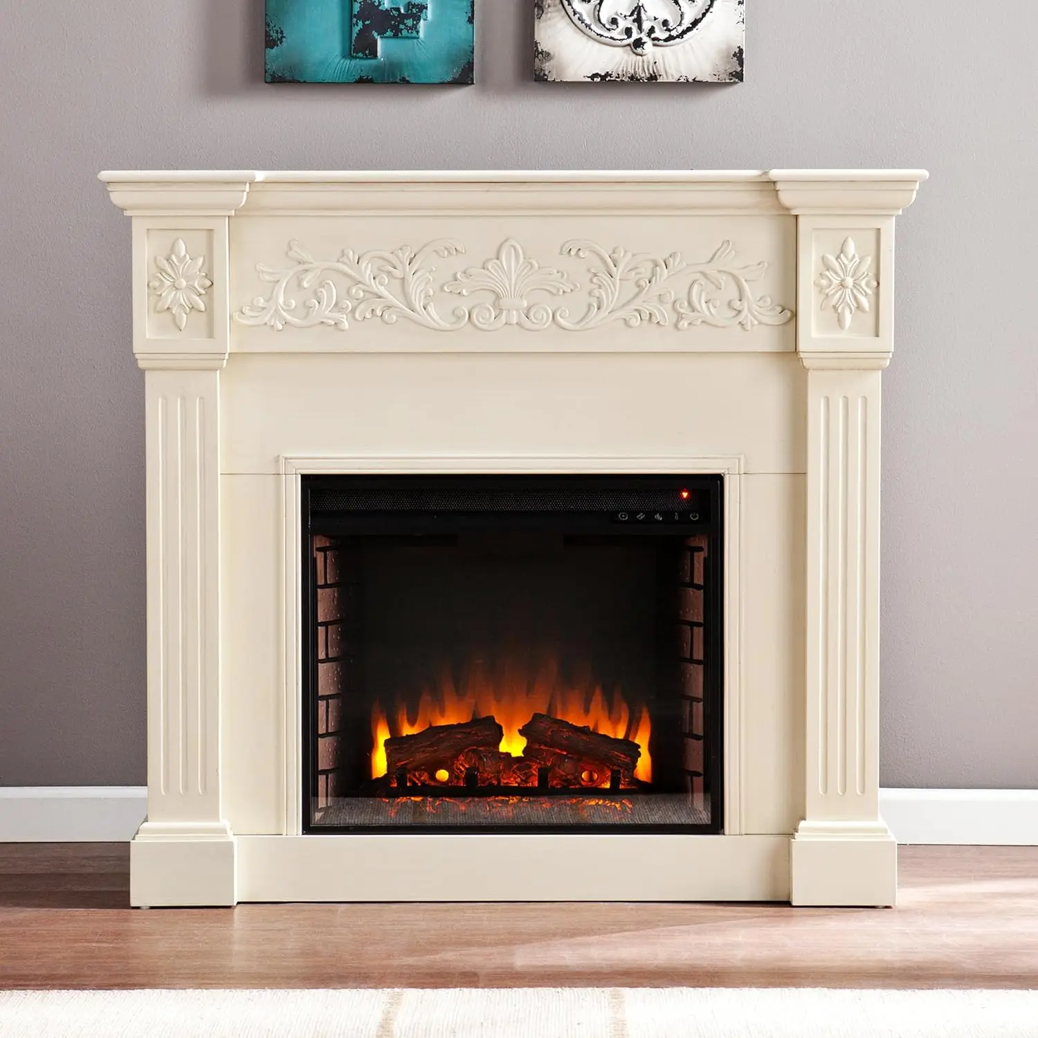Calvert Electric Carved Floral Trim Fireplace 44.5" W X 14.5" D X 40.25" H Ivory Expediency Durable Living Room or Dining Room 5