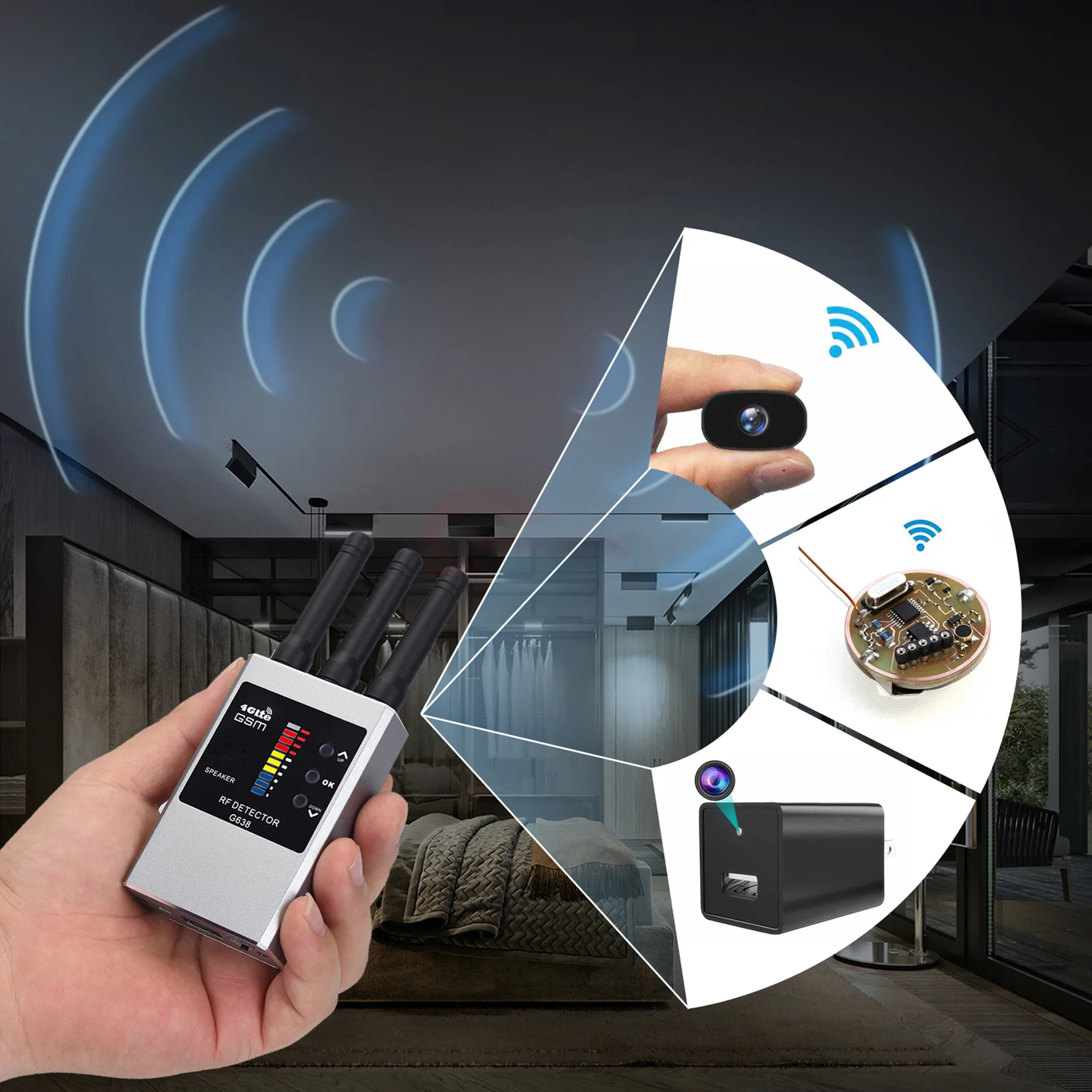 Hidden Camera Detector Infrared Camera Detector Camera Detector Signal Detector GSM RF Bug Detector Wifi Hidden Camera Finder Anti-Spy Listen Sweeper Phone Signal Wireless Listening Device GPS Tracker Detect
