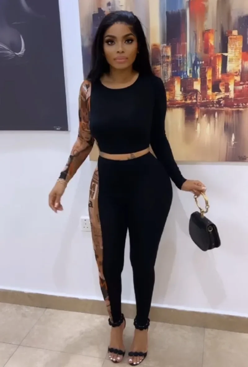 

Уличная одежда KEXU, весна 2024, женские комплекты, пикантный Топ с длинным рукавом и принтом + брючные костюмы, комплект из двух предметов, спортивные костюмы