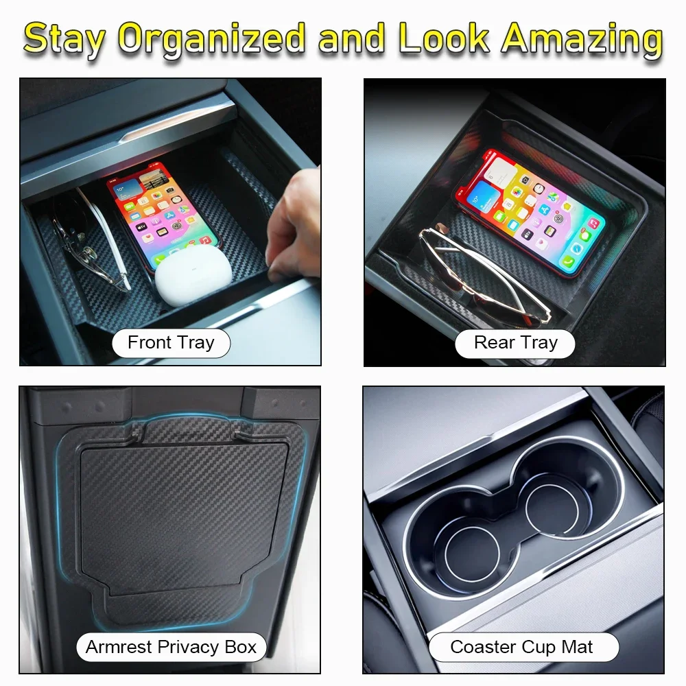 Storage Box for Tesla Model Y Juniper Launch 2025 Model 3 Highland Organizer Accessories Center Console Trays Hidden Cup Holder