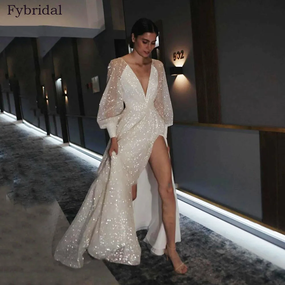 

Sexy Glitter Deep V Neck Wedding Dress Long Sleeves Split A Line Open Back Bridal Gowns Shiny Vestidos De Novia Robe De Mariee