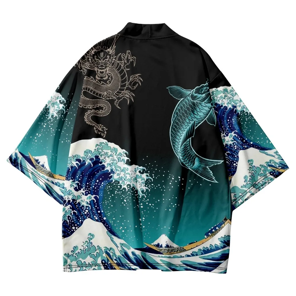 

Black Kimono Cardigan Women Men Japanese Obi Male Yukata Men's Haori Japanese Wave Carp Print Coat Traditional Japan Clothing