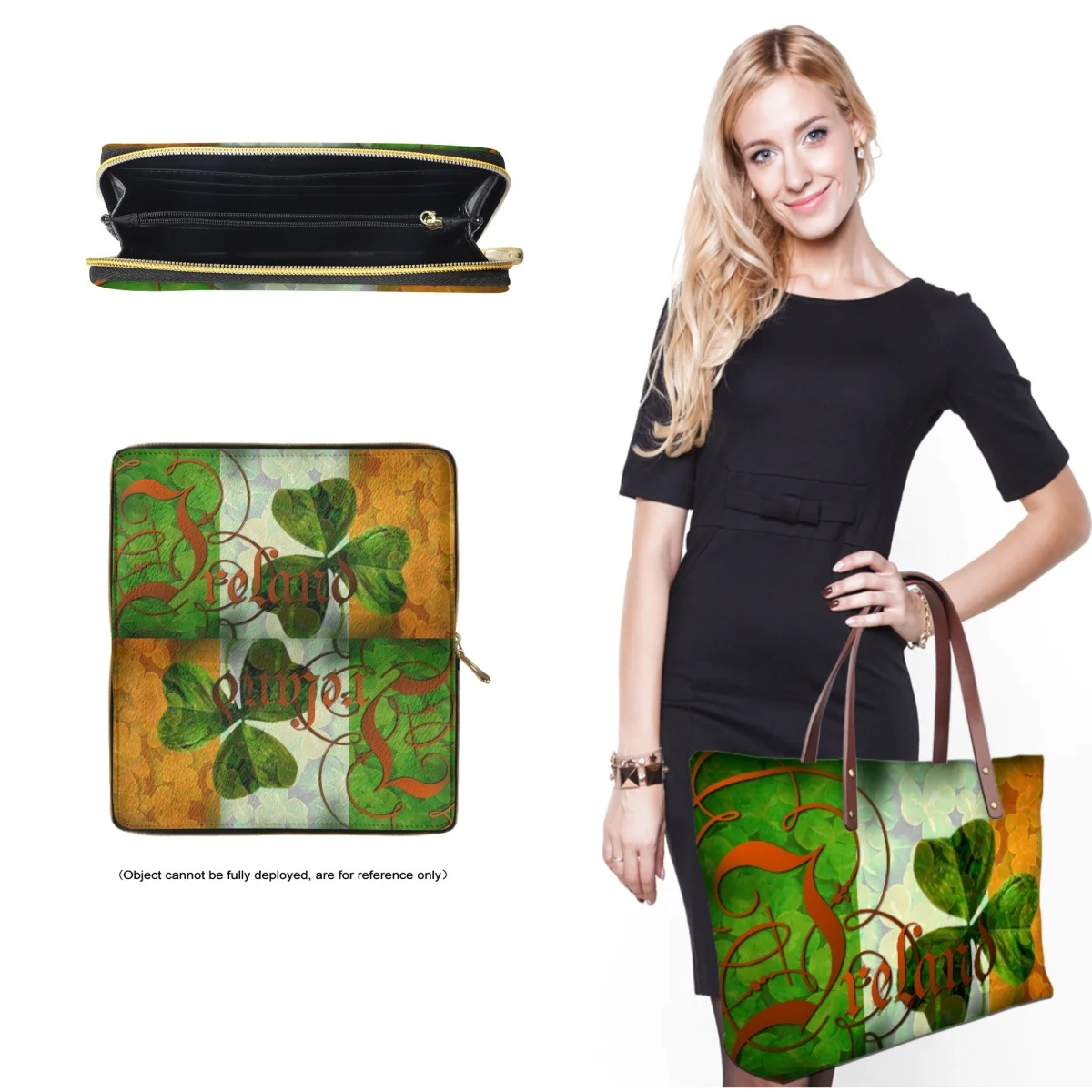 FORUDESIGNS Versatile Large Capacity Tote Wallet Combo Irish Flag Shamrock Bucket Bag Leather Wallet Ladies Easter Gift