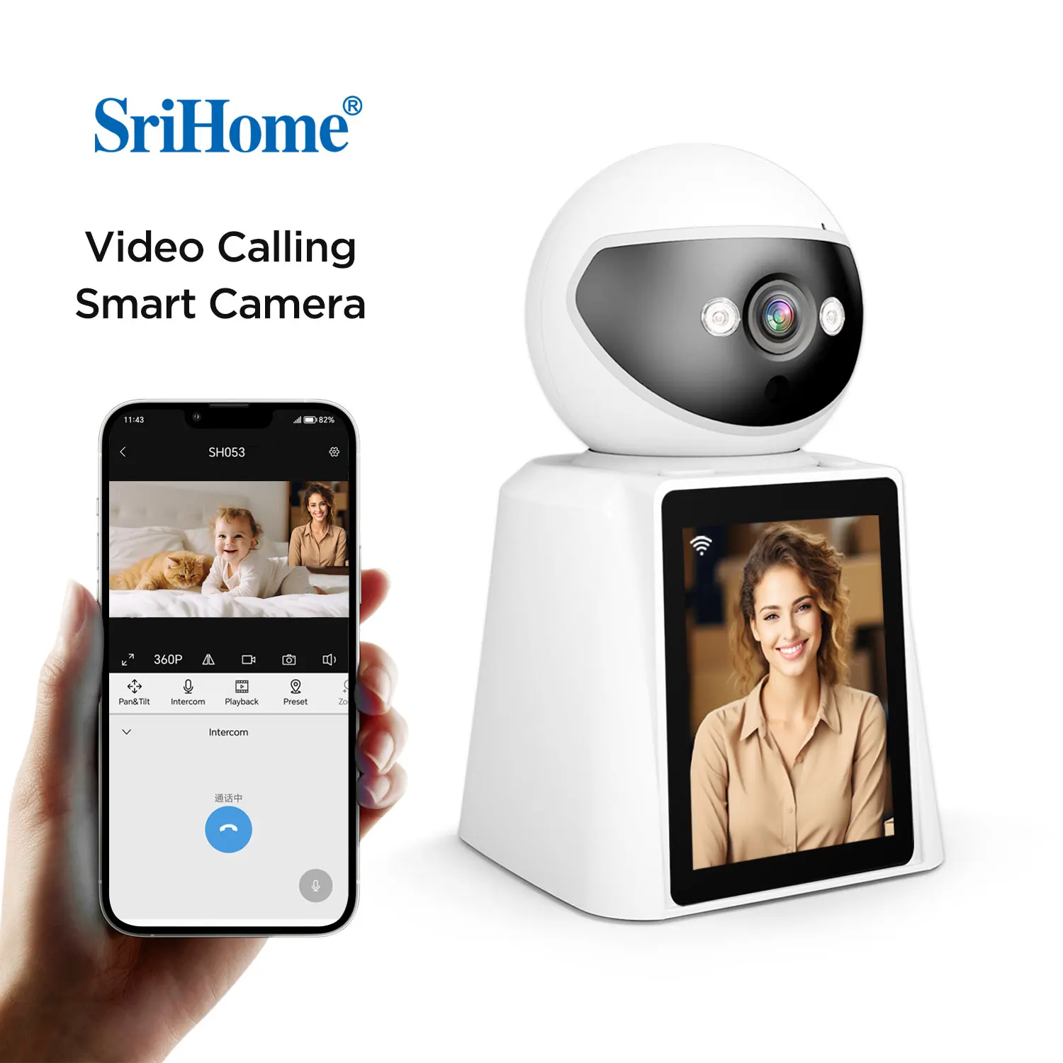 

Srihome SH053 2.8Inch IPS Screen 2MP 1080P Video Phone Call Wireless PTZ IP Dome Camera AI Humanoid Detection Elder Baby Camera