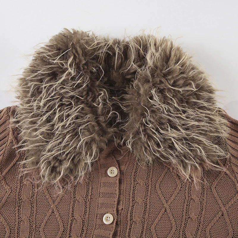 Y2K Brown Buttons Crop Sweater with Detachable Fur Collar Autumn Vintage 2000s Knitted Cardigan Slim Winter Outfits