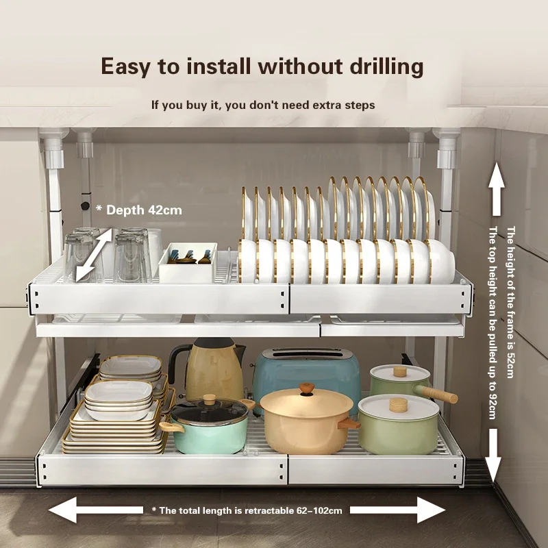 Kitchen Under Cabinet Dish Storage Rack Multifunctional Recessed Spice Bottle Pot & Bowl Organizer Layered Push Pull Draw 2