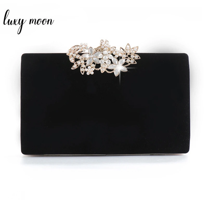 Bolso de mano de noche para mujer, Cartera de mano negra para fiesta, exquisita bolsa boda con de flor diamante, bolso mano de Velour, bolso de hombro ZD1281| | -