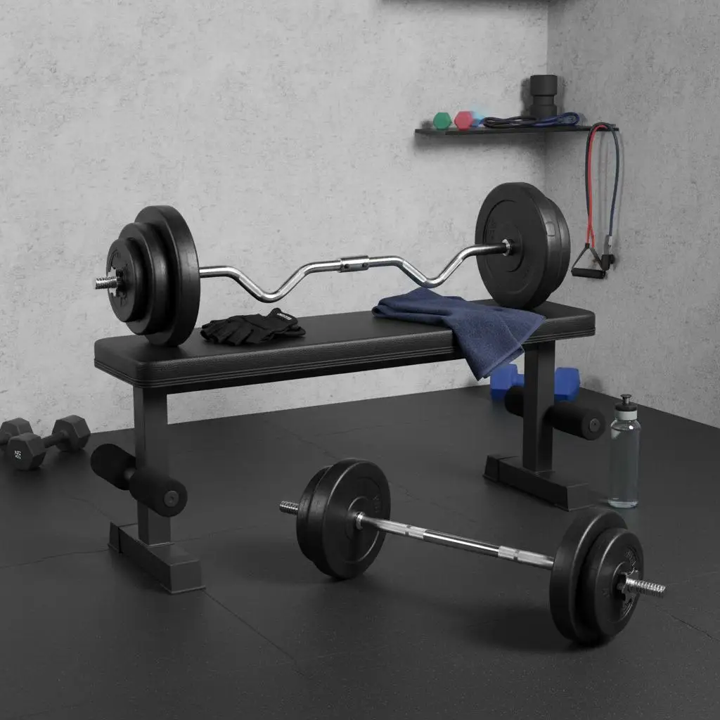 Hantelset und Wellenstange 60 kg, Kunststoff-Zementplatten, komplettes Krafttrainingsset mit EZ-Stange und sicheren Zubehörteilen – Detail 1
