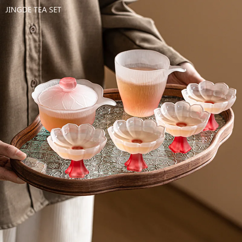 Pink Glass Tea Set Home High Temperature Gaiwan Fair Cup Teacup Set Chinese Exquisite Teaware Set Boutique Beauty Tea Infuser