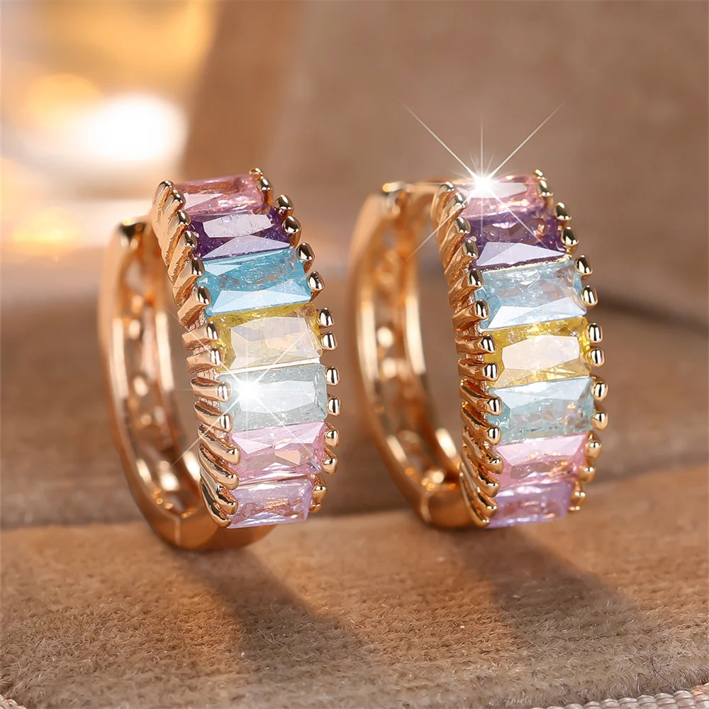Multicolor Ice Flower Zircon Square Stone Hoop Earrings For Women Vintage Gold Color Ear Buckle Wedding Jewelry Versatile Gifts