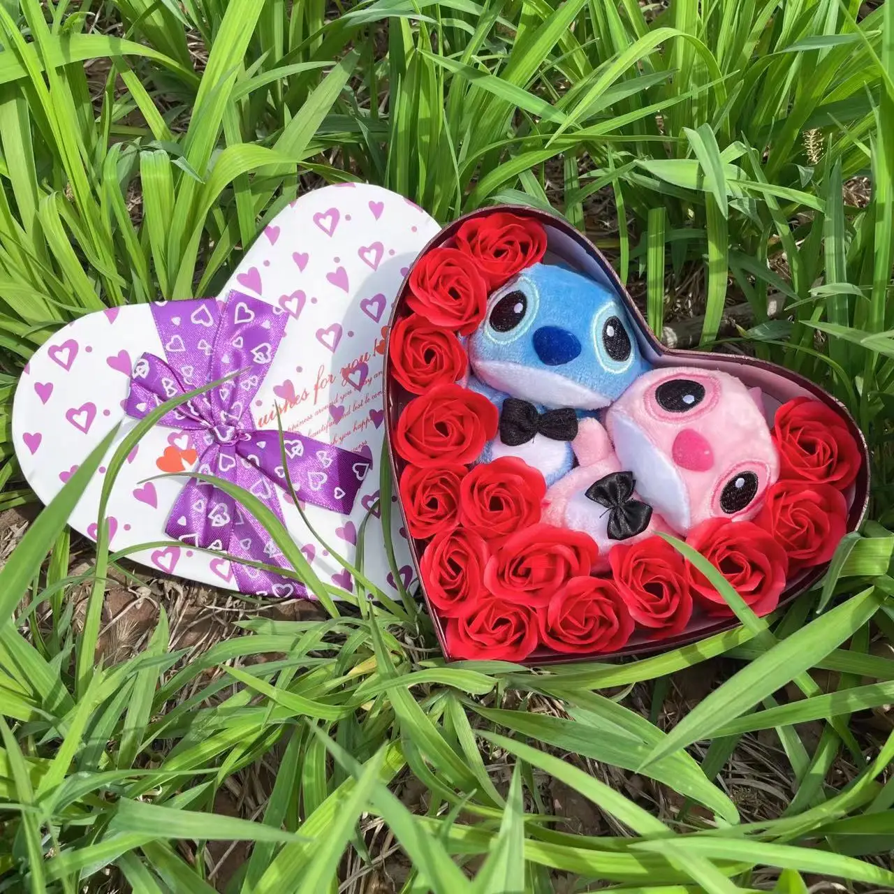 Disney Cartoon Lilo Stitch Plush Doll Toys Rose Bouquet Gift Box Stitch Flower Bouquet Home Decoration Valentine Christmas Gifts 6