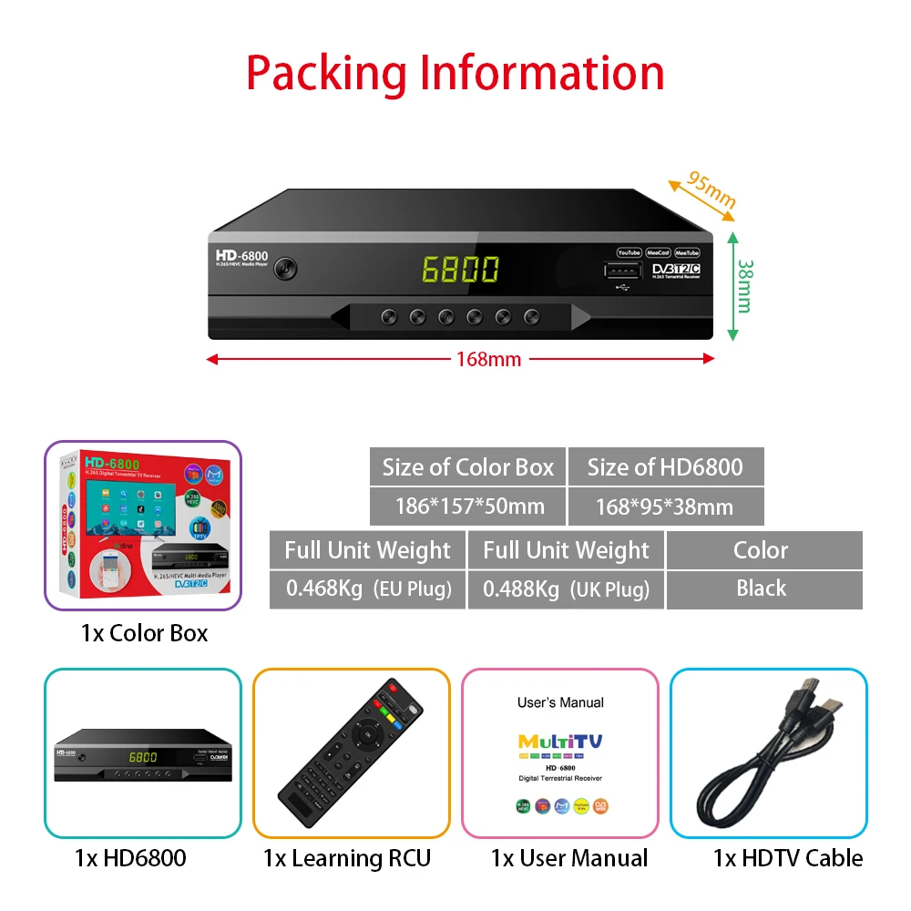 HD6800 DVB T2 DVB-C HEVC 265  Digital TV Tuner DVB-T2 H.265 HD Decoder Terrestrial TV Receiver EPG Set Top Box Youtube LAN Scart best digital antenna TV Receivers