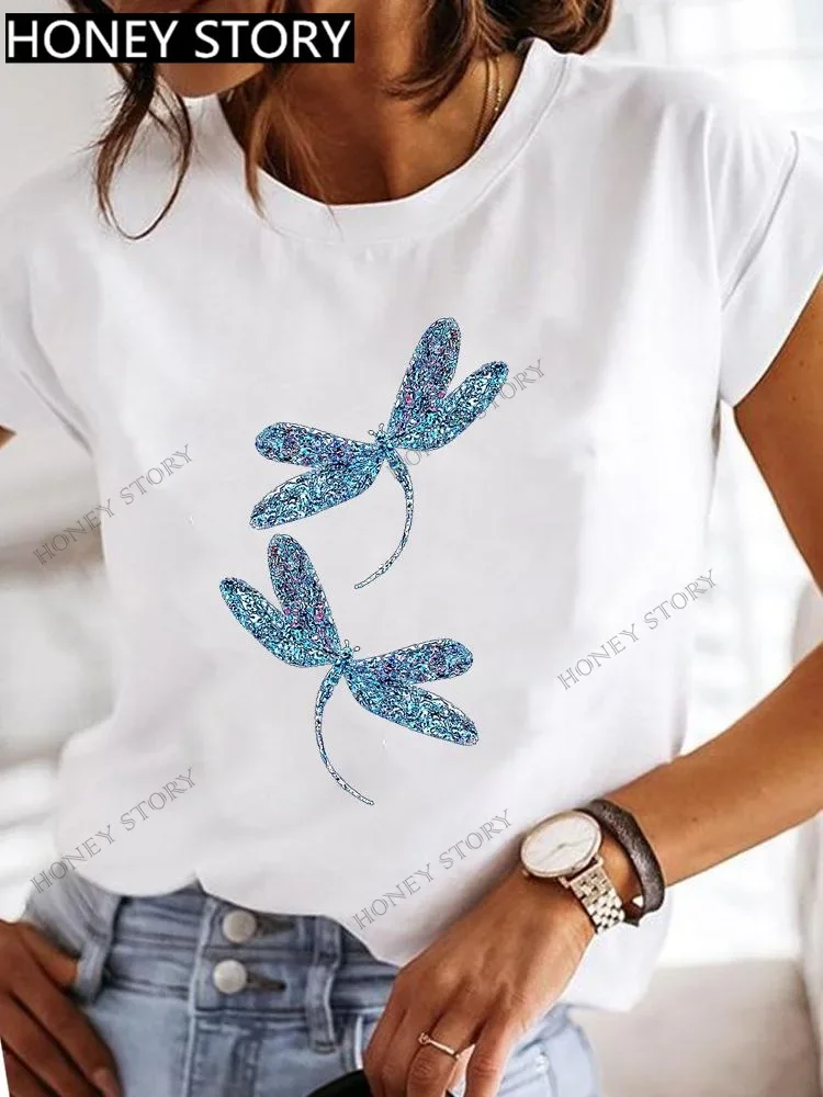 Top básico con estampado de mariposa de libélula explosiva para mujer, Camiseta holgada de manga corta con cuello redondo, camiseta de gran tamaño, ropa para mujer